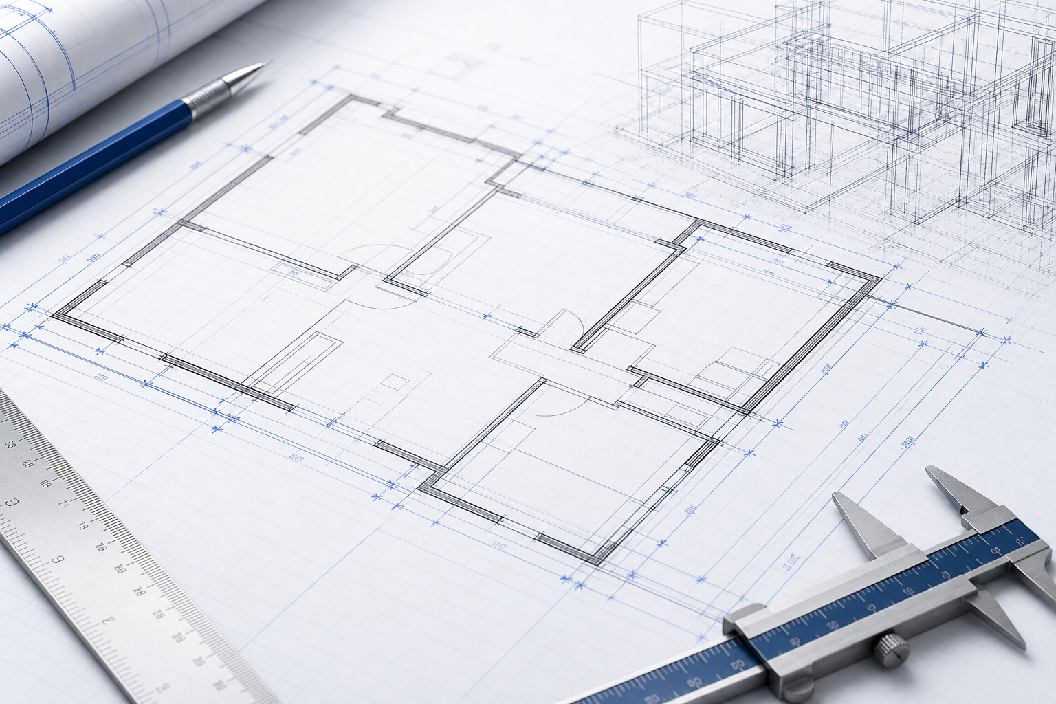 Technical floor plan with dimension callouts and a 3D wireframe overlay